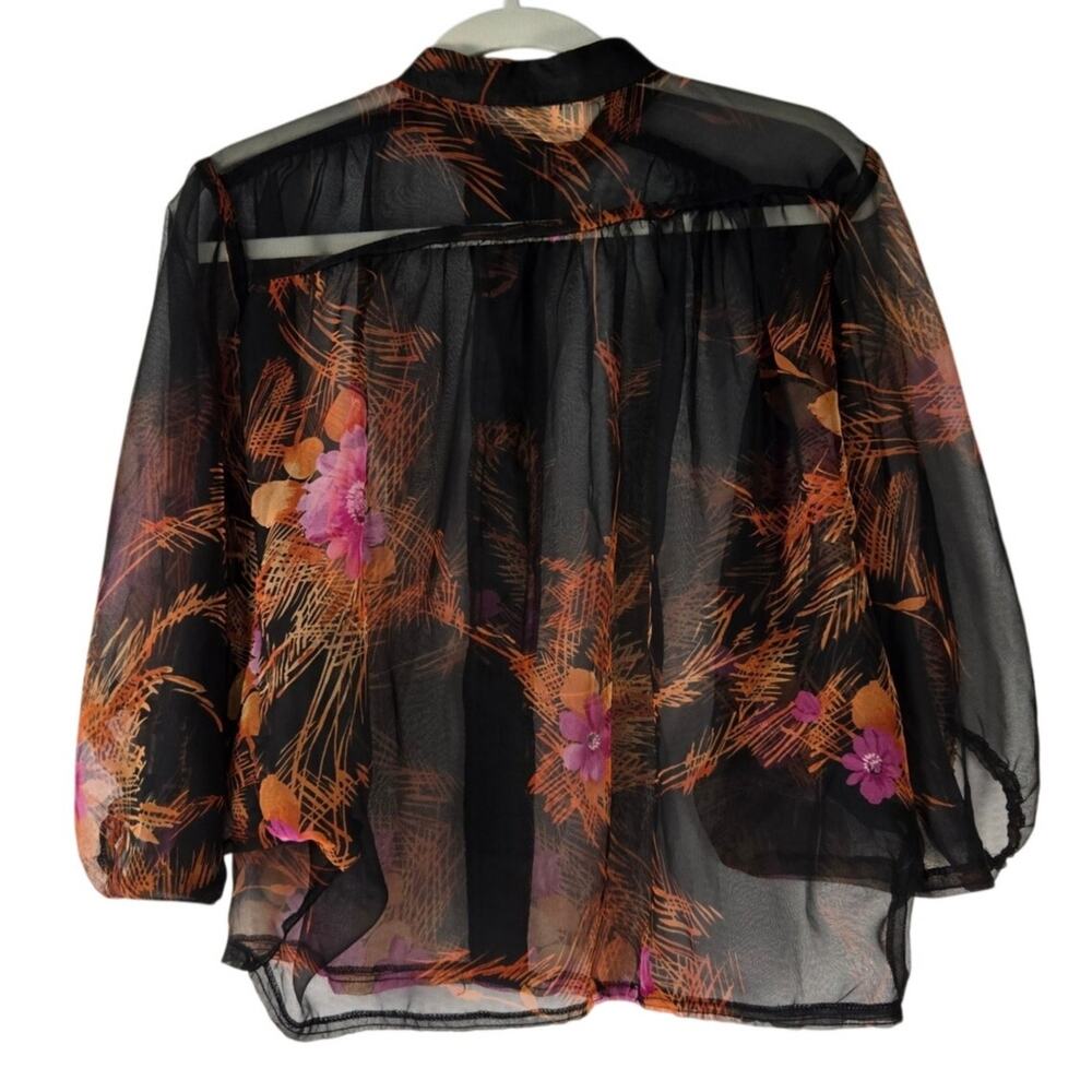 1980s LA Chic California Sheer Chiffon Retro Floral Blouse Lightweight Button Up - Picture 2 of 8